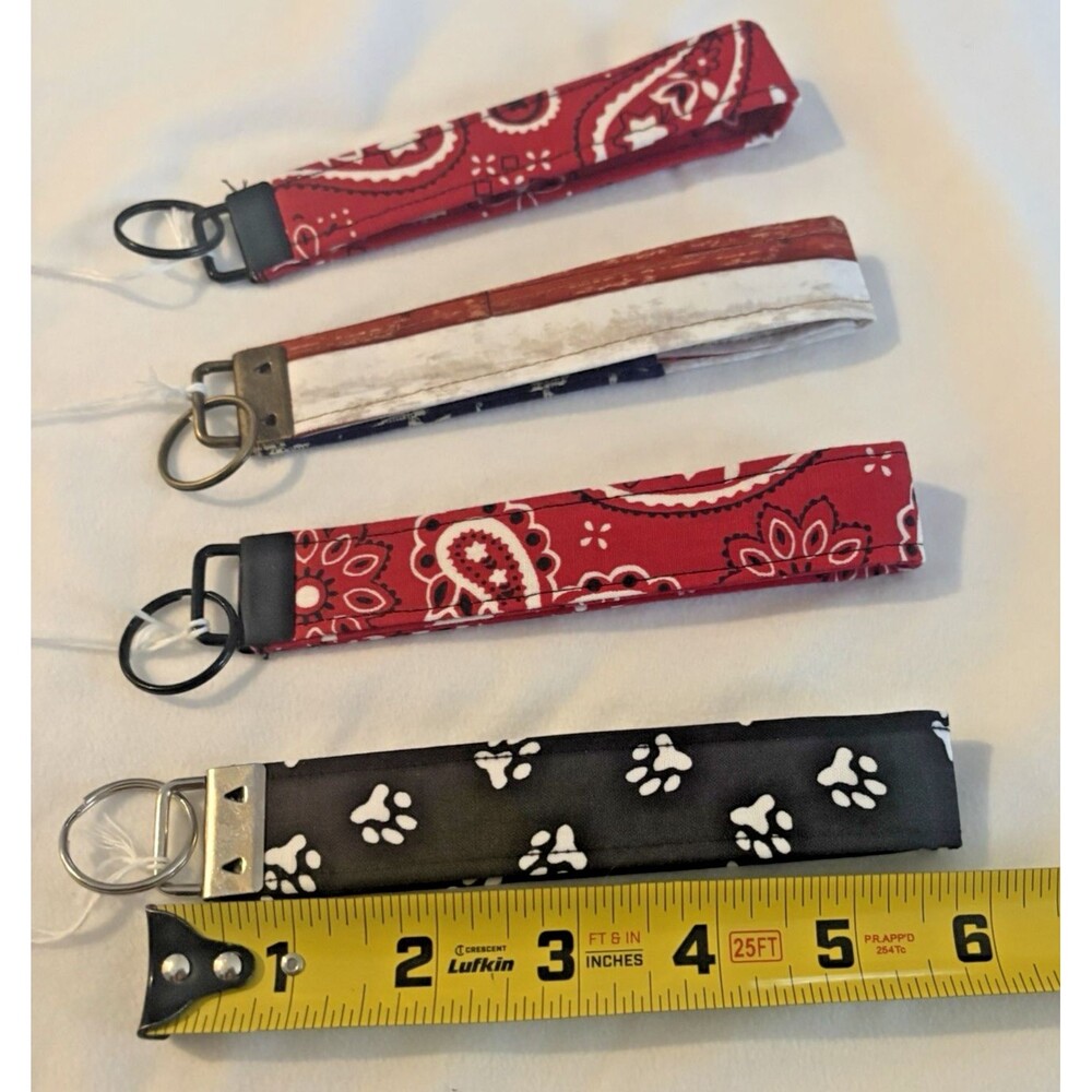 LOT 4 Keychains Wristlets Fabric Paisley Paw Dog Prints Flag Americana Handmade - Picture 2 of 5